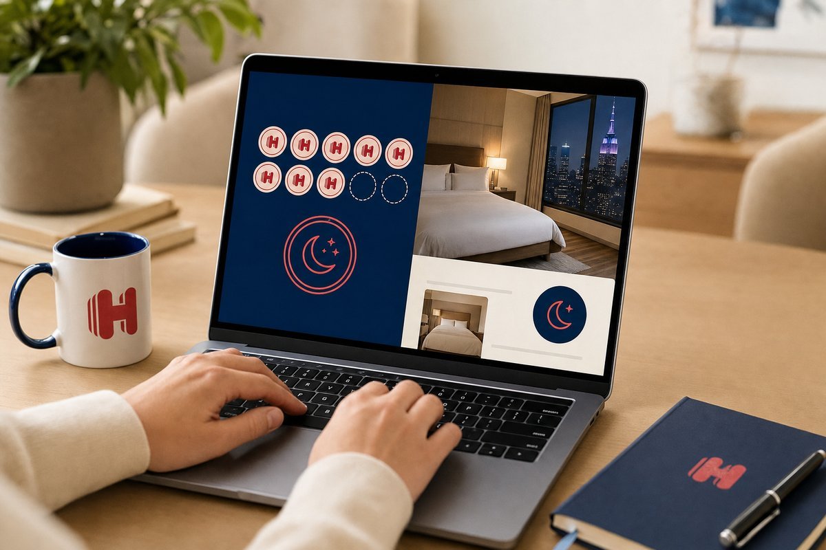 Hotels.com rewards program interface showing stamp collection progress and reward night redemption screen on a laptop