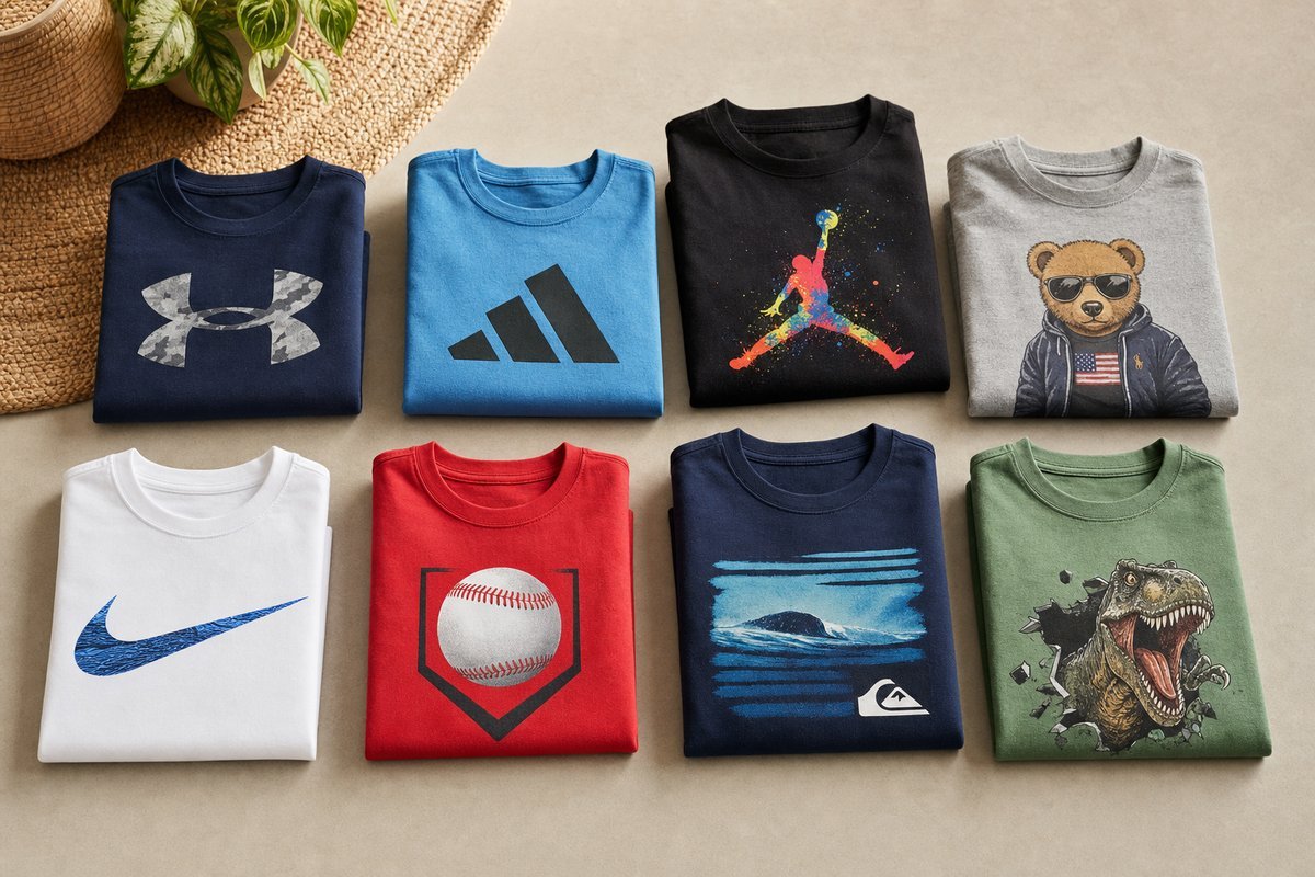 Boys' graphic t-shirts in various colors folded and displayed showing different prints and designs