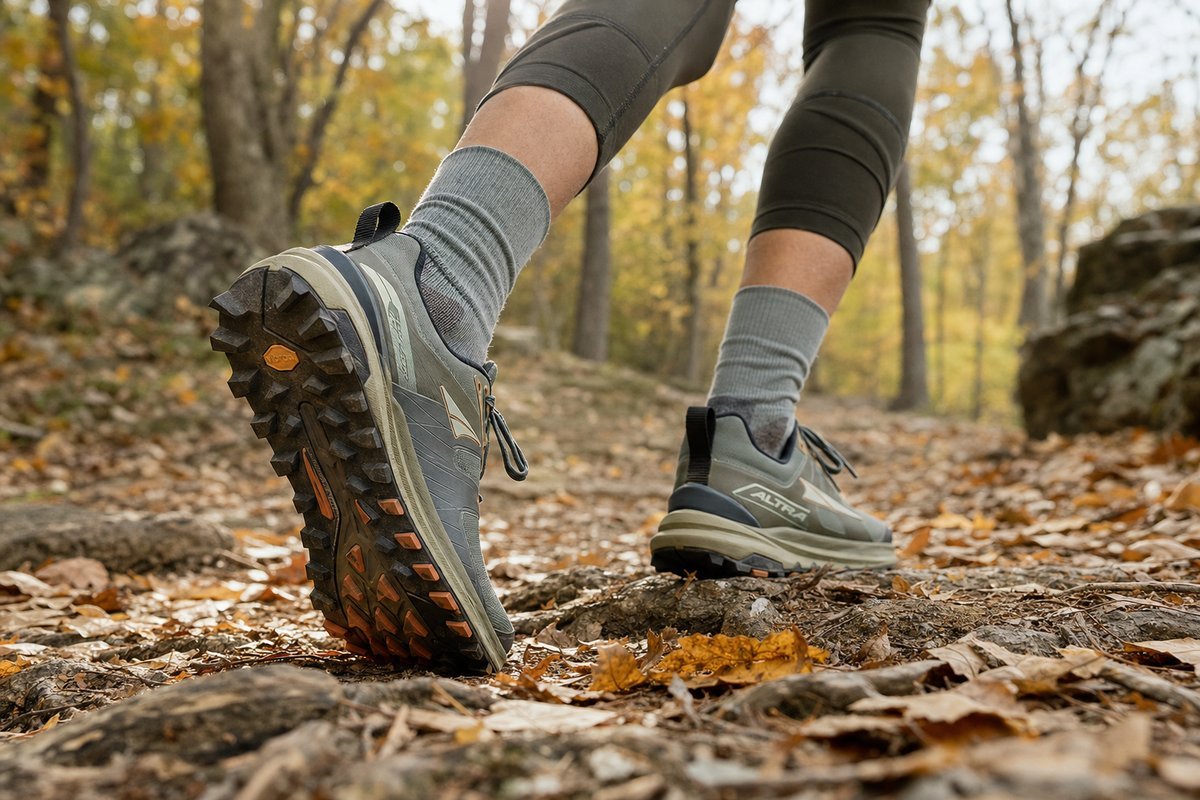 Altra Running trail shoes with aggressive tread on a leaf-covered forest trail in autumn