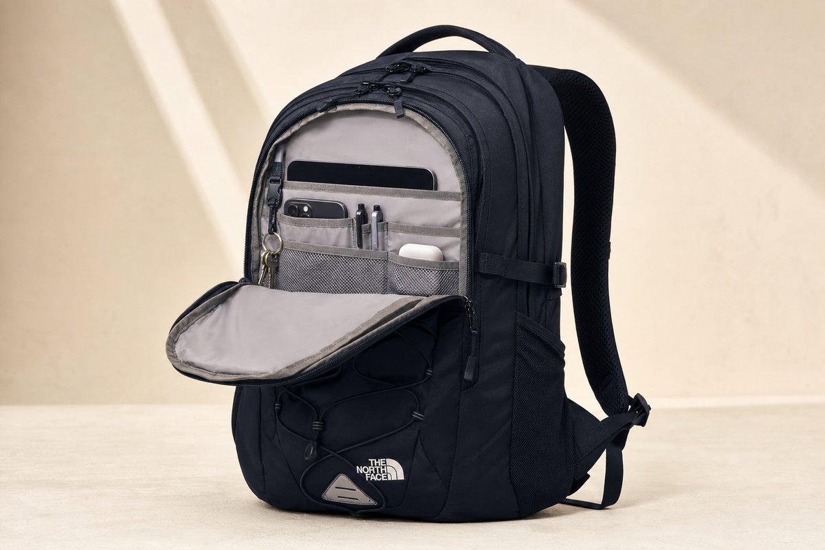 The North Face Borealis backpack in black or navy on a clean background, showing the front pocket organization and padded shoulder straps