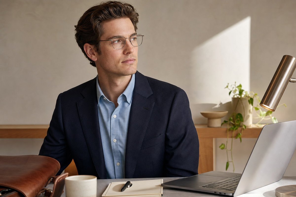 Warby Parker Chamberlain metal eyeglasses styled with professional attire or business accessories