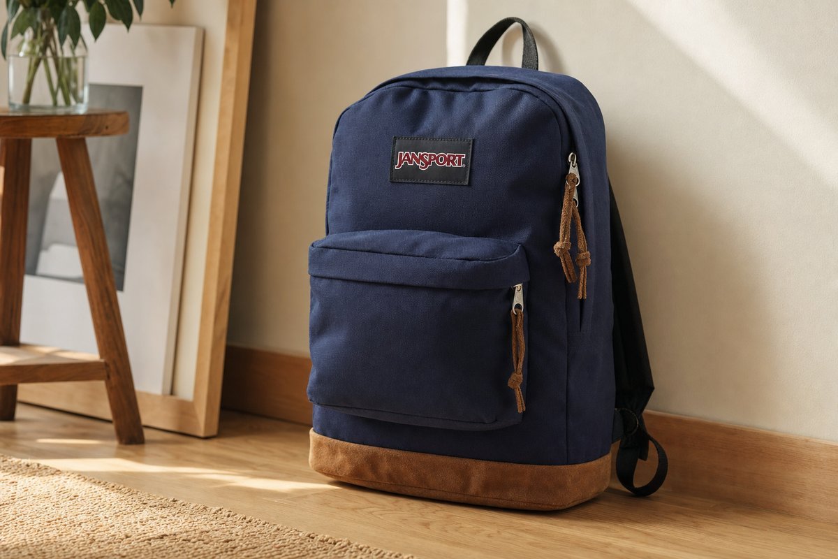 JanSport Right Pack backpack displaying the suede leather bottom panel and simple two-compartment design in a popular color
