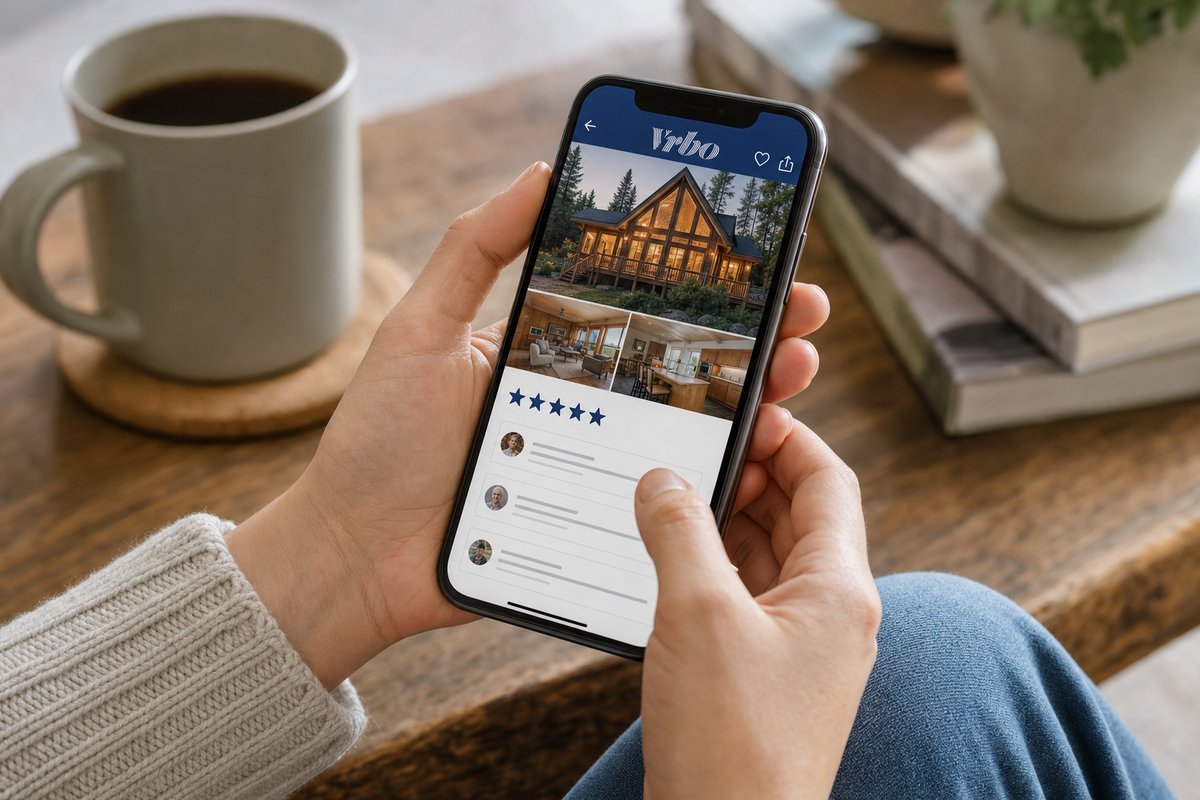 Close-up of hands holding a smartphone displaying VRBO app with five-star reviews and cabin listing details visible on screen