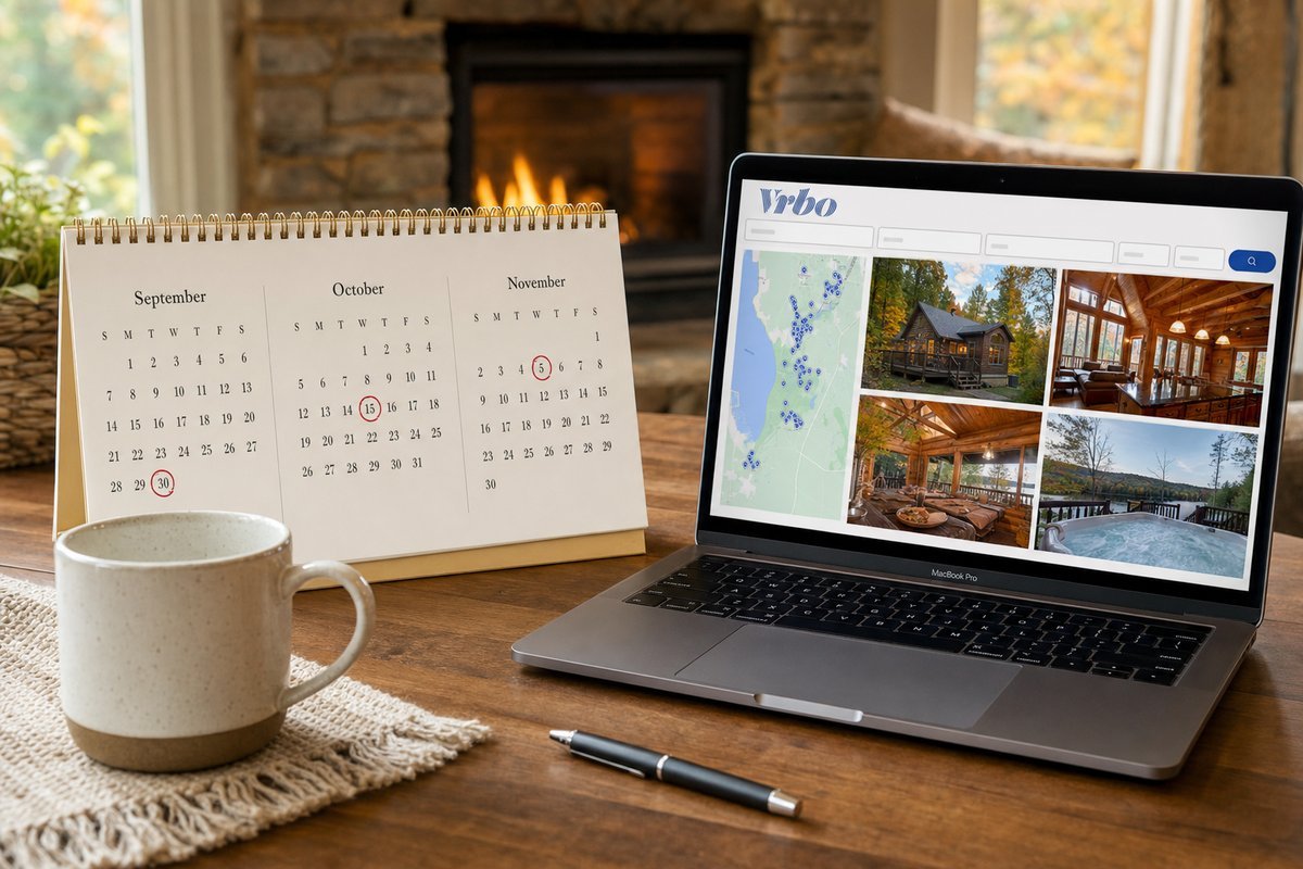 Calendar or planner showing fall months with peak foliage dates circled, alongside laptop displaying VRBO cabin search results
