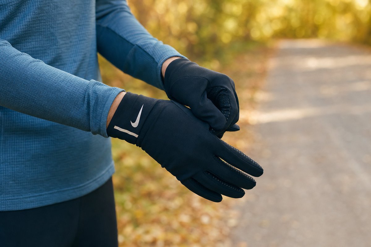 Close-up of runner's hands in lightweight running gloves with fall scenery blurred behind