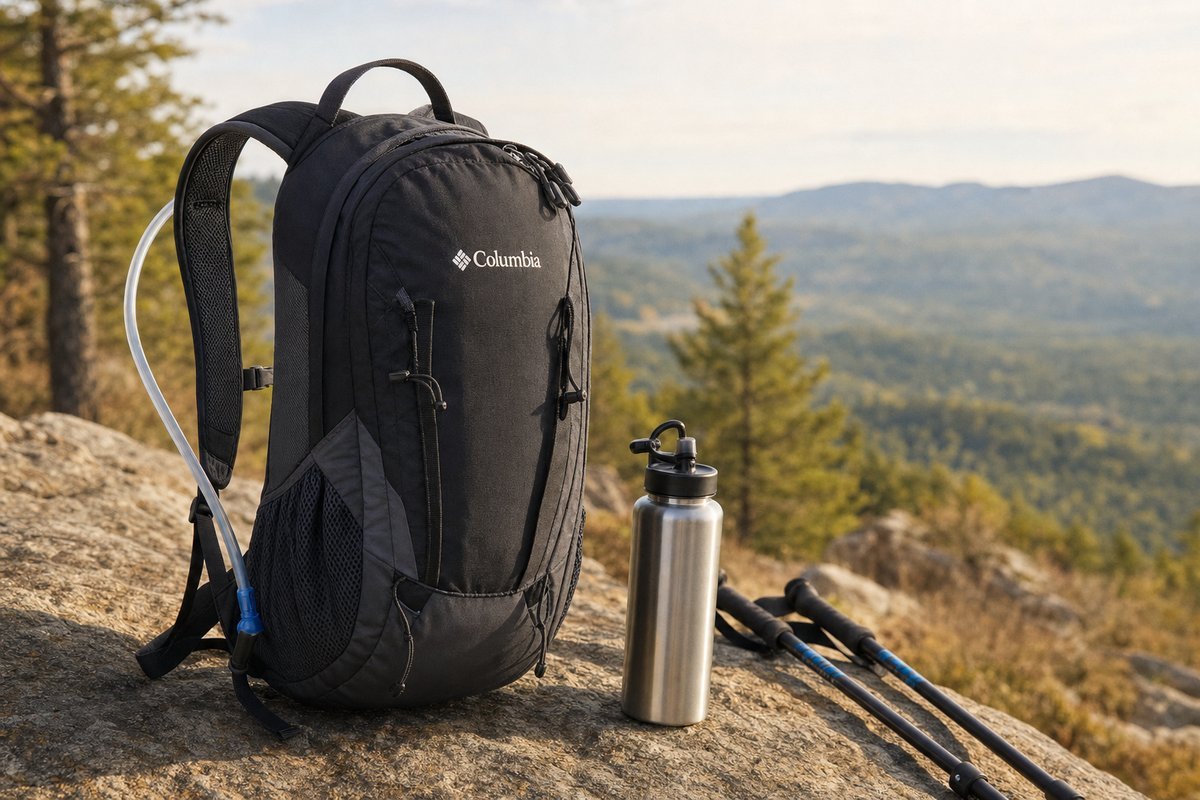 Columbia Pine Hollow daypack on an outdoor setting or trail, showing hiking features like hydration compatibility and mesh back panel