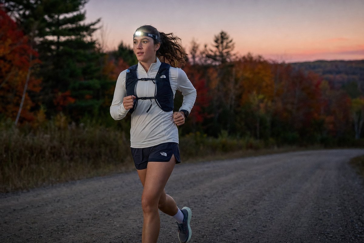 Runner with headlamp jogging at dusk during fall with colorful trees in background