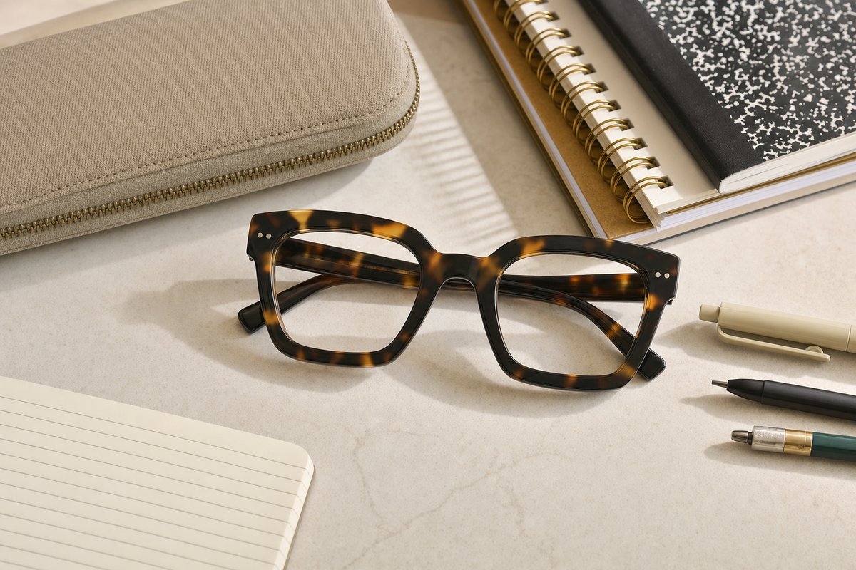 Warby Parker Percey oversized square eyeglasses in a stylish flat lay with school supplies