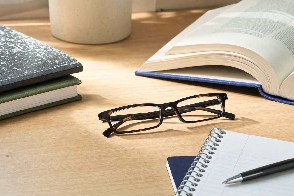 Warby Parker Felix narrow rectangular eyeglasses positioned near textbooks and study materials
