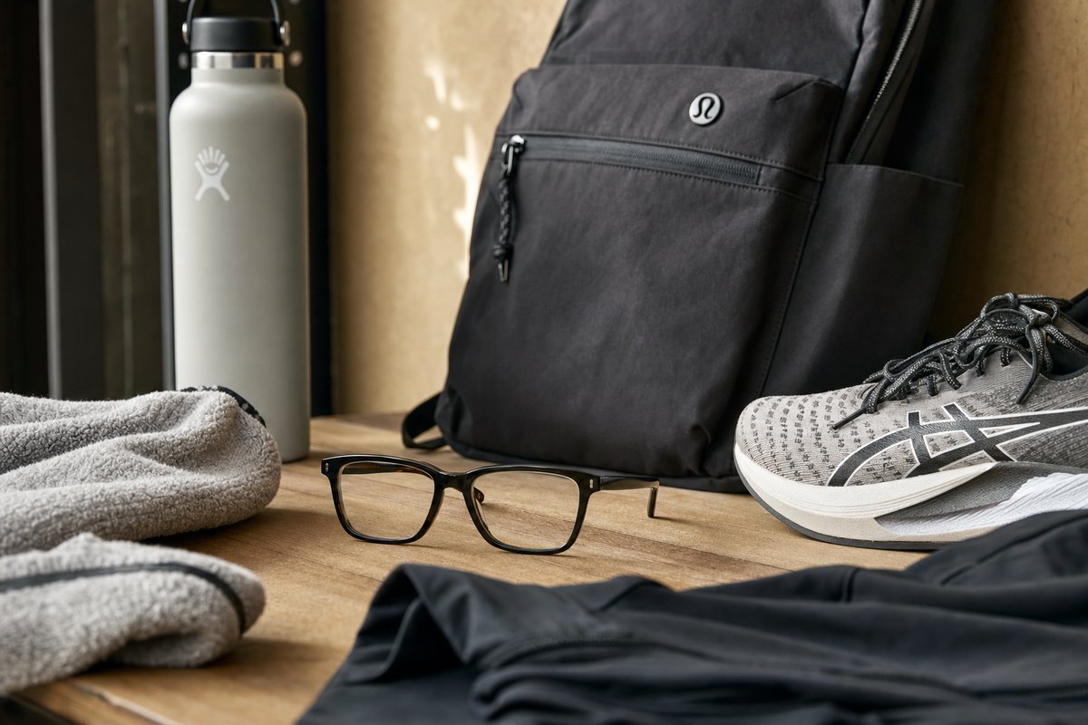 Warby Parker Barkley sporty rectangular eyeglasses with athletic equipment or backpack