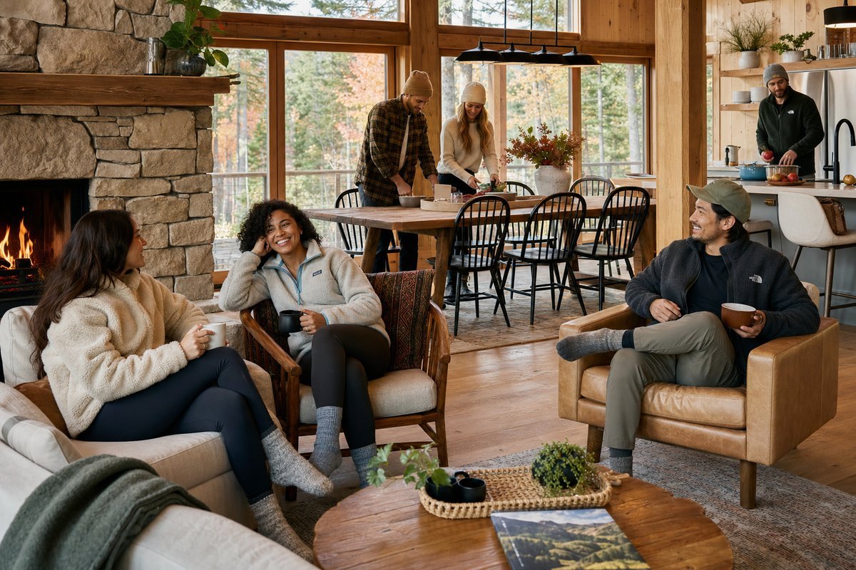 Spacious cabin living room with multiple seating areas, large dining table, and group of friends gathered for a fall getaway