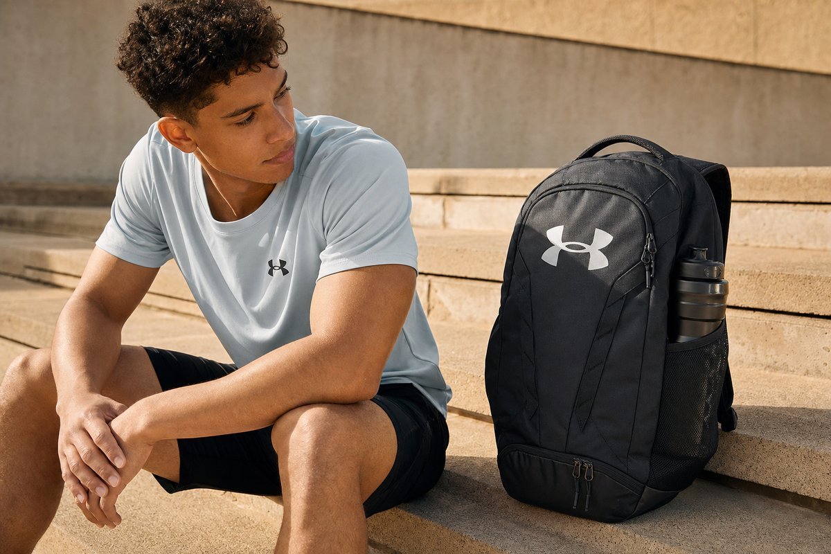 Under Armour Hustle 5.0 backpack showing athletic styling with water bottle pocket and durable construction details