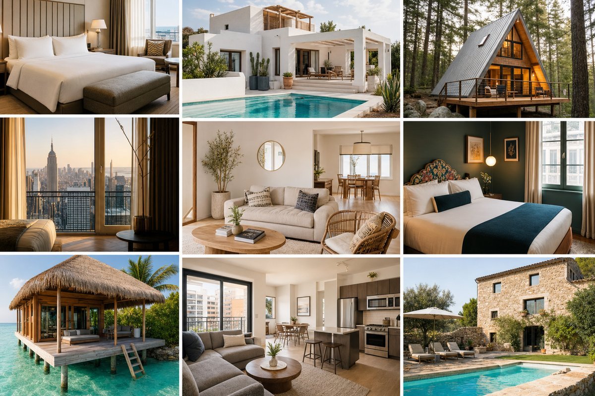 Collage of different accommodation types including hotels, vacation rentals, and boutique properties available on Hotels.com