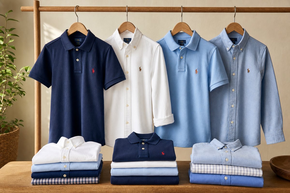 Selection of boys' polo shirts and button-down shirts in various colors like navy, white, and light blue hanging or folded neatly