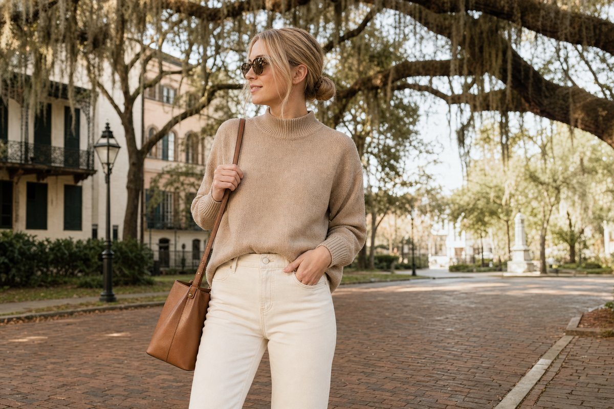 Savannah historic square with Spanish moss hanging from oak trees and historic buildings