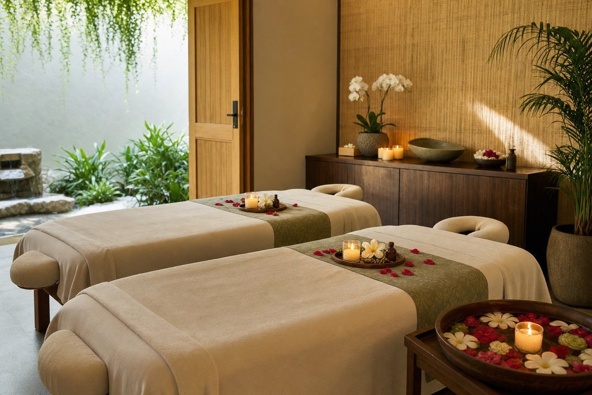Serene spa setting with couples massage beds, candles, flower petals, and natural wellness elements
