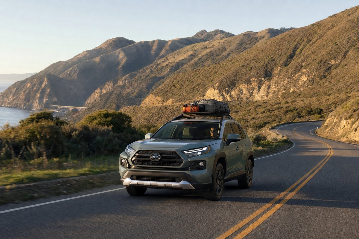 Scenic winding road through mountains with a car driving toward a weekend getaway destination
