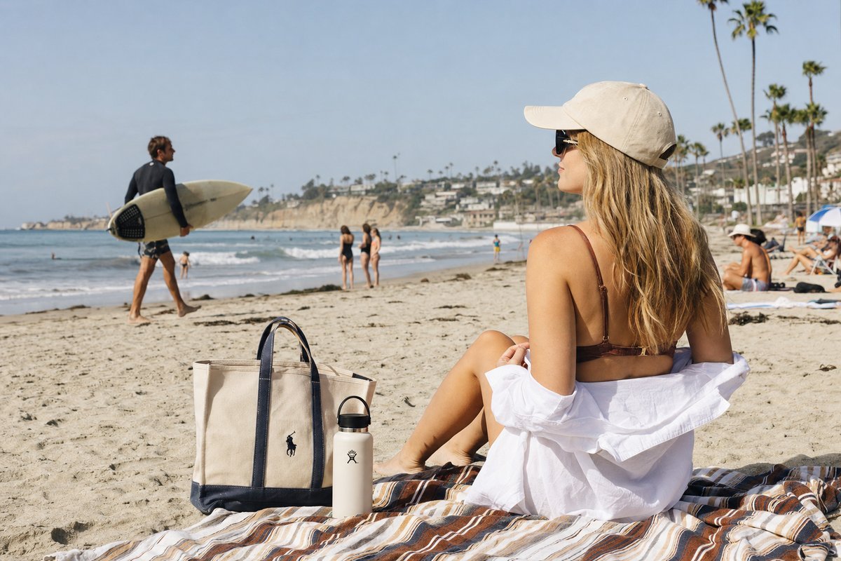San Diego beach with palm trees and beachgoers enjoying sunny weather, ocean waves in background