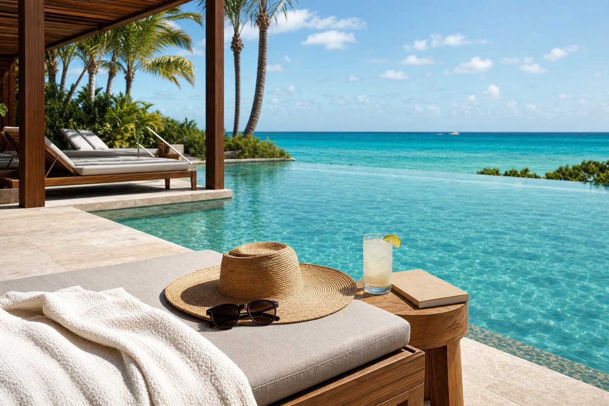 Luxurious infinity pool overlooking turquoise Caribbean ocean at an adults-only all-inclusive resort with palm trees and lounge chairs