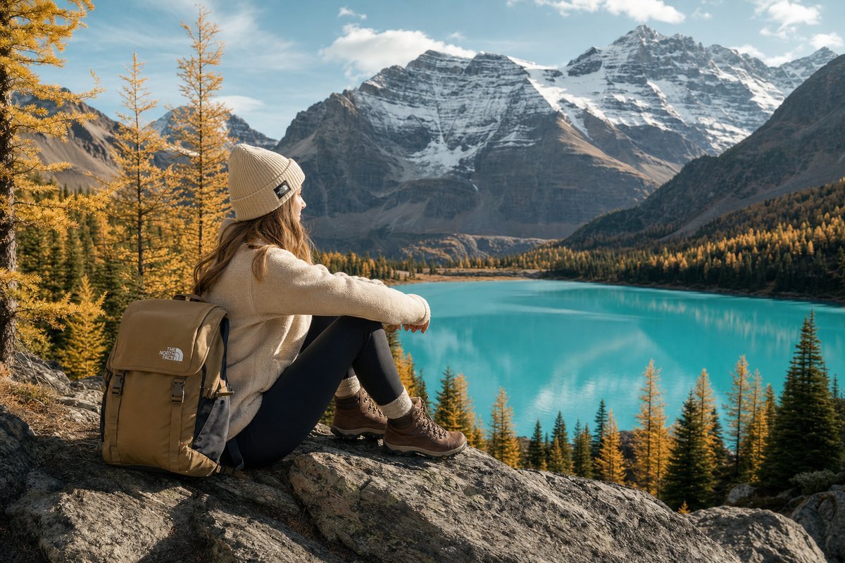 Golden larch trees and turquoise lake in the Canadian Rockies with snow-capped mountains in Banff National Park