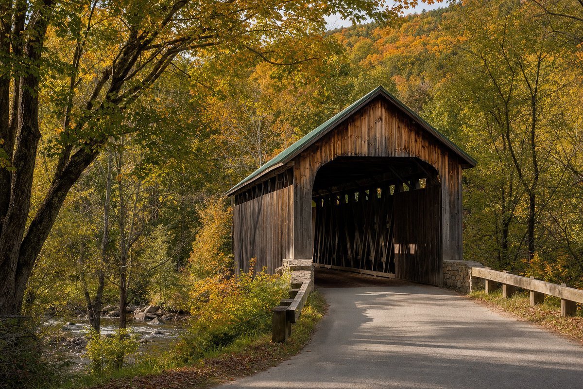 Charming New England covered bridge surrounded by trees beginning to show fall colors with a rural country road