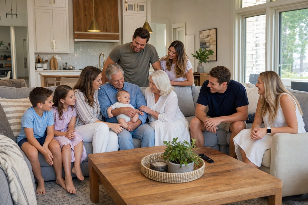Large family gathered together in a spacious vacation rental living room with comfortable seating and natural light