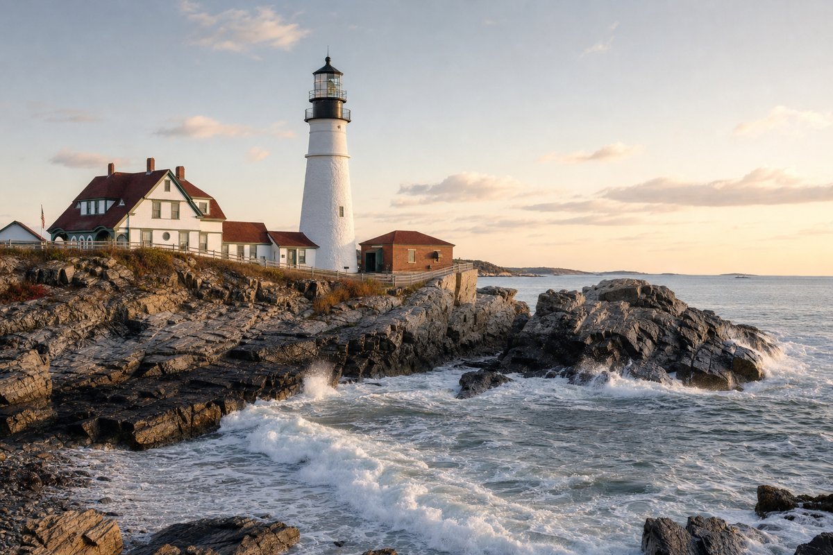 Portland Head Light lighthouse on rocky Maine coastline with ocean waves crashing