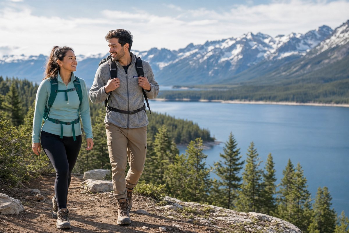 Hikers on a scenic trail with mountain or lake views on a weekend getaway