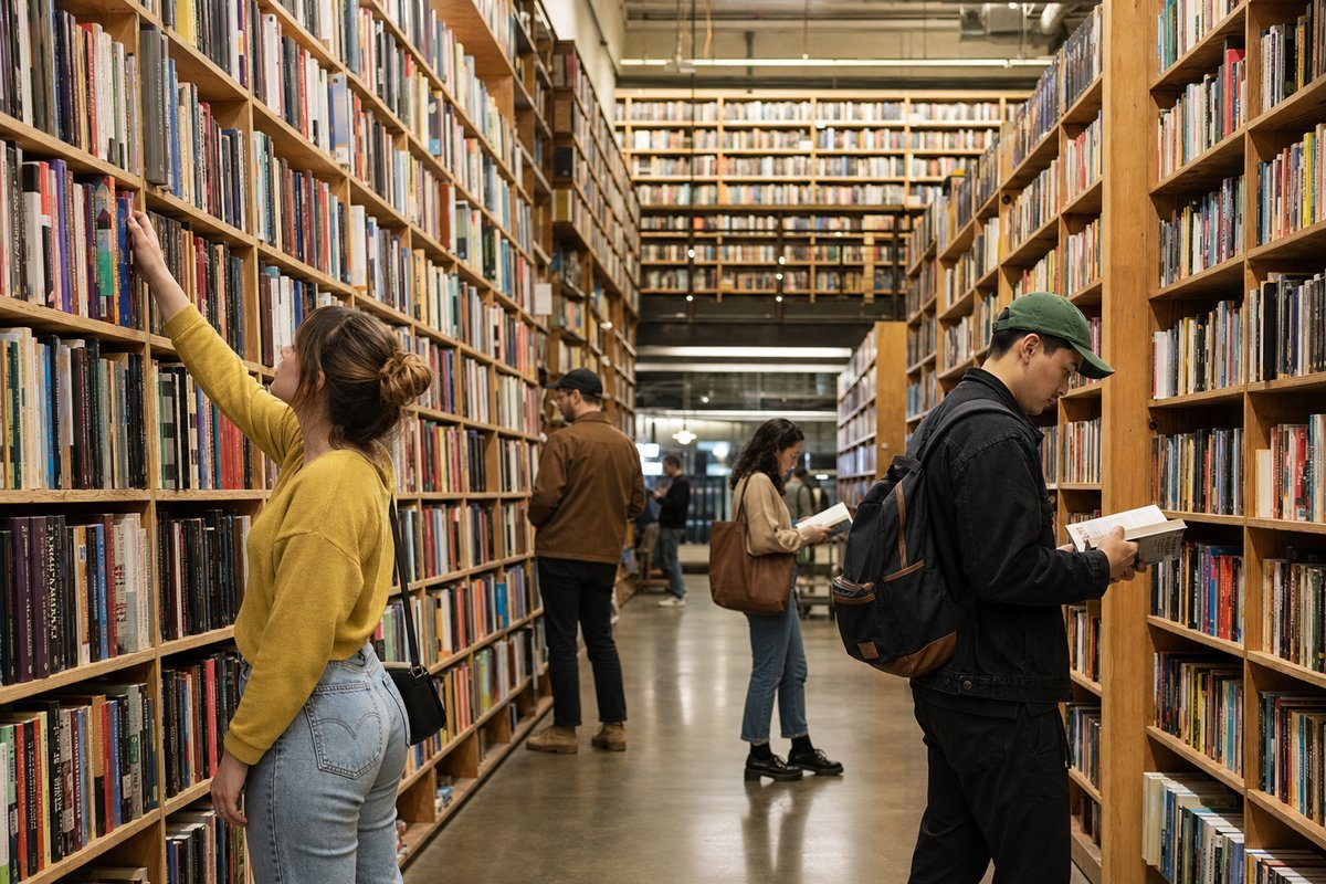 Powell's City of Books interior showing towering bookshelves and browsing customers in Portland