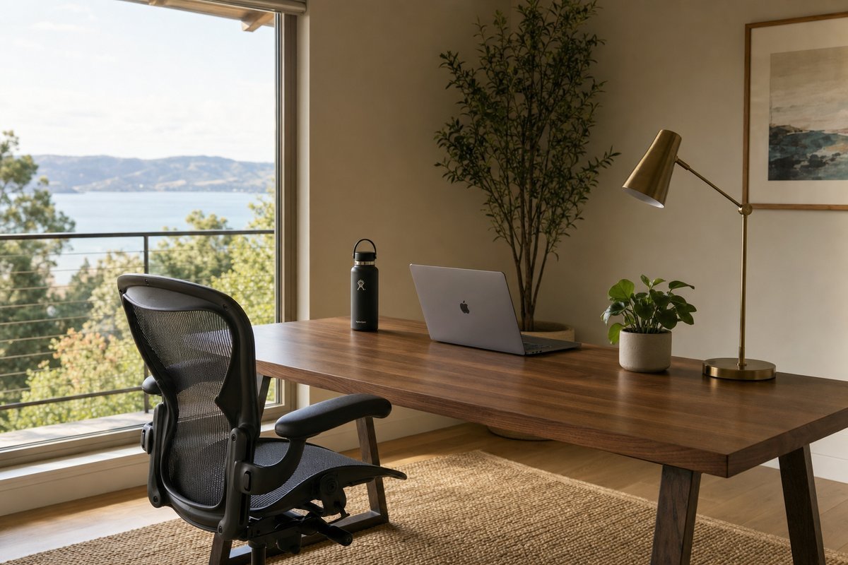 Clean home office setup in a vacation rental with desk, laptop, comfortable chair, and large window with natural light