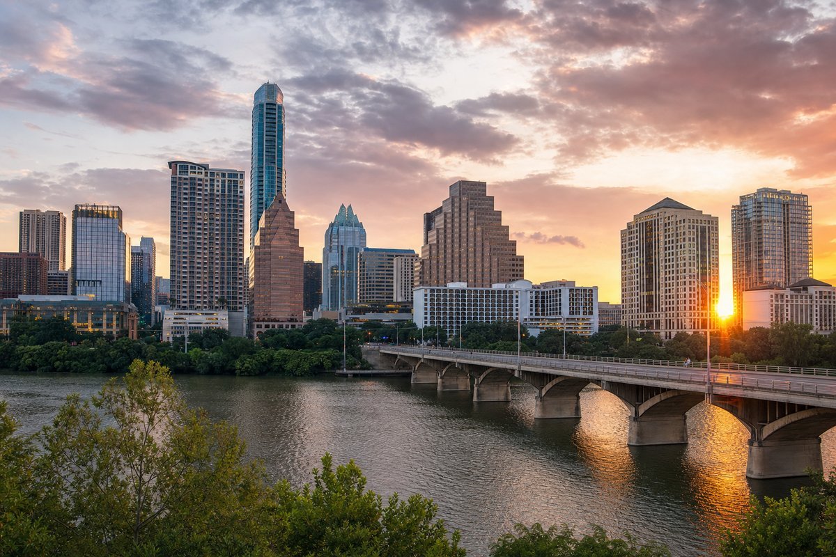 Austin Texas downtown skyline with Congress Avenue Bridge and colorful sunset sky