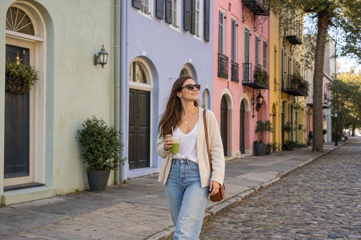 Charleston Rainbow Row colorful historic houses and cobblestone street in the French Quarter