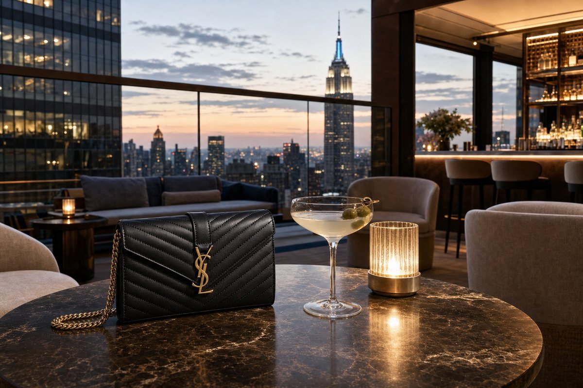Sophisticated rooftop bar or lounge at luxury urban hotel with city skyline views at dusk and elegant seating