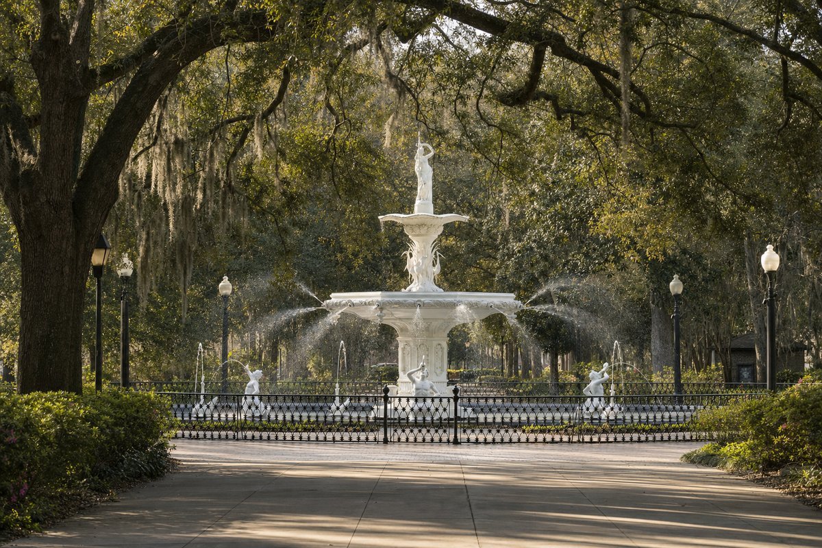 Savannah Forsyth Park fountain surrounded by Spanish moss-covered oak trees and park pathways