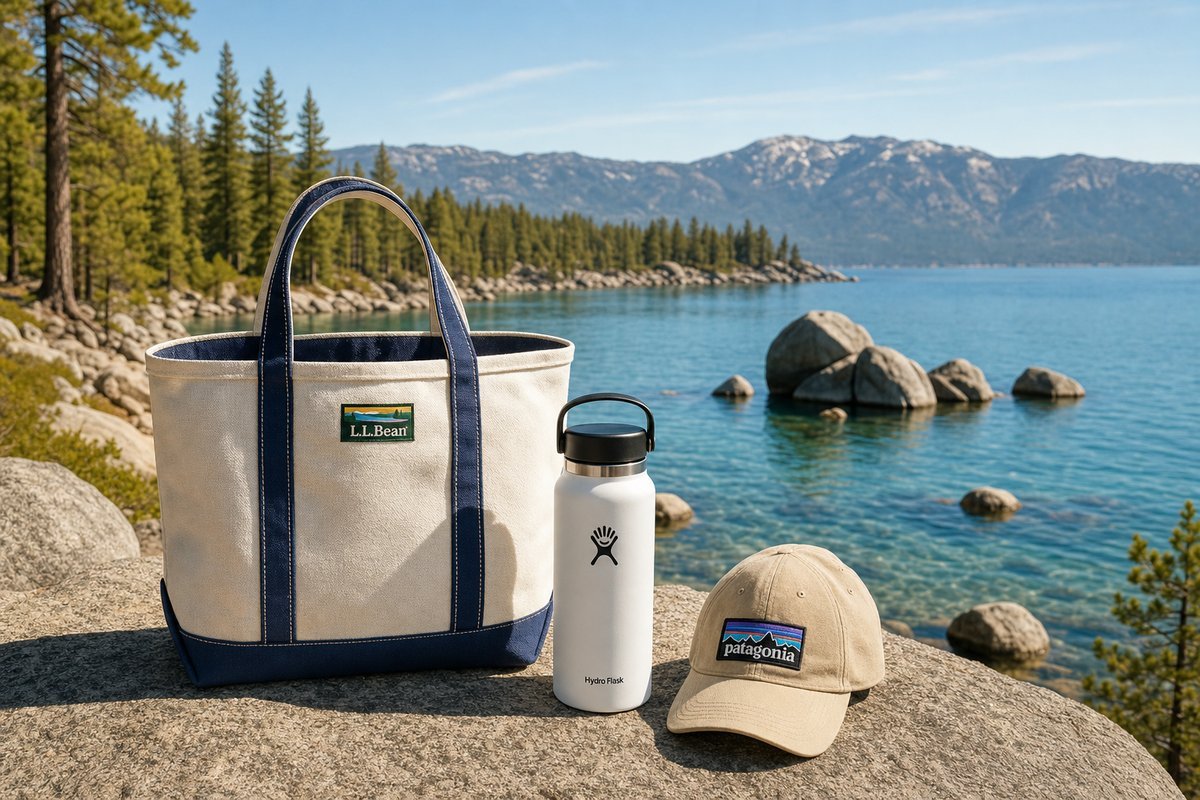 Lake Tahoe crystal clear blue water with mountains and pine trees surrounding the shore