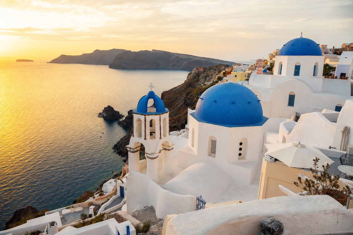 Aerial view of white-washed buildings and blue domes in Santorini, Greece, overlooking the turquoise Aegean Sea during golden hour