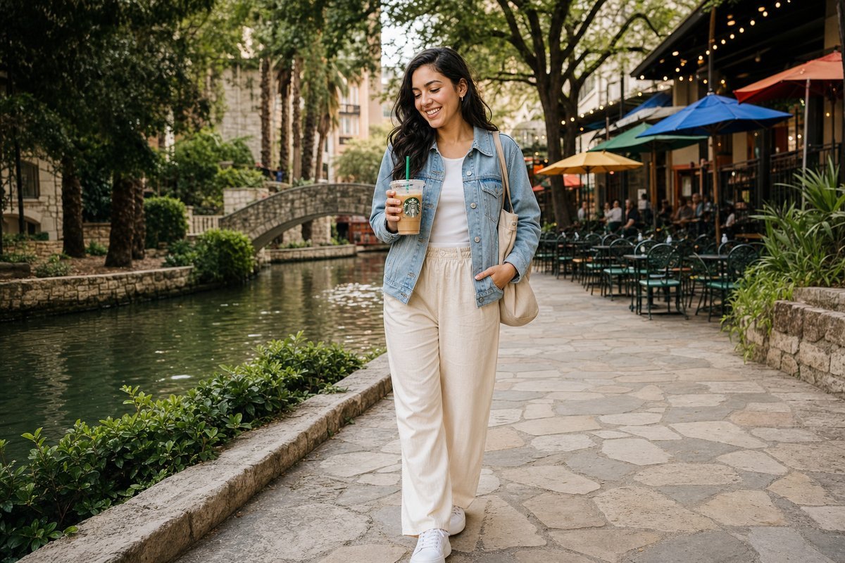 San Antonio River Walk with stone pathways, riverside dining, and lush greenery along the water