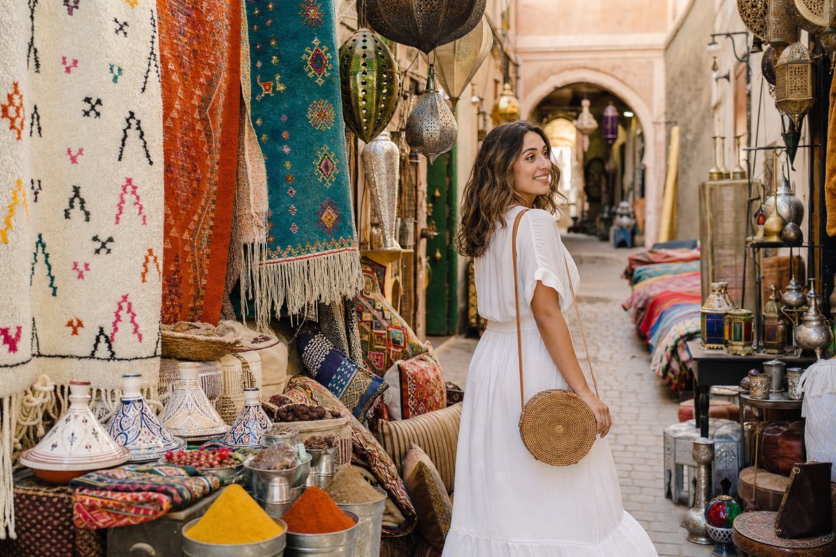 Vibrant Moroccan marketplace with colorful textiles, spices, and traditional lanterns in a medina souk