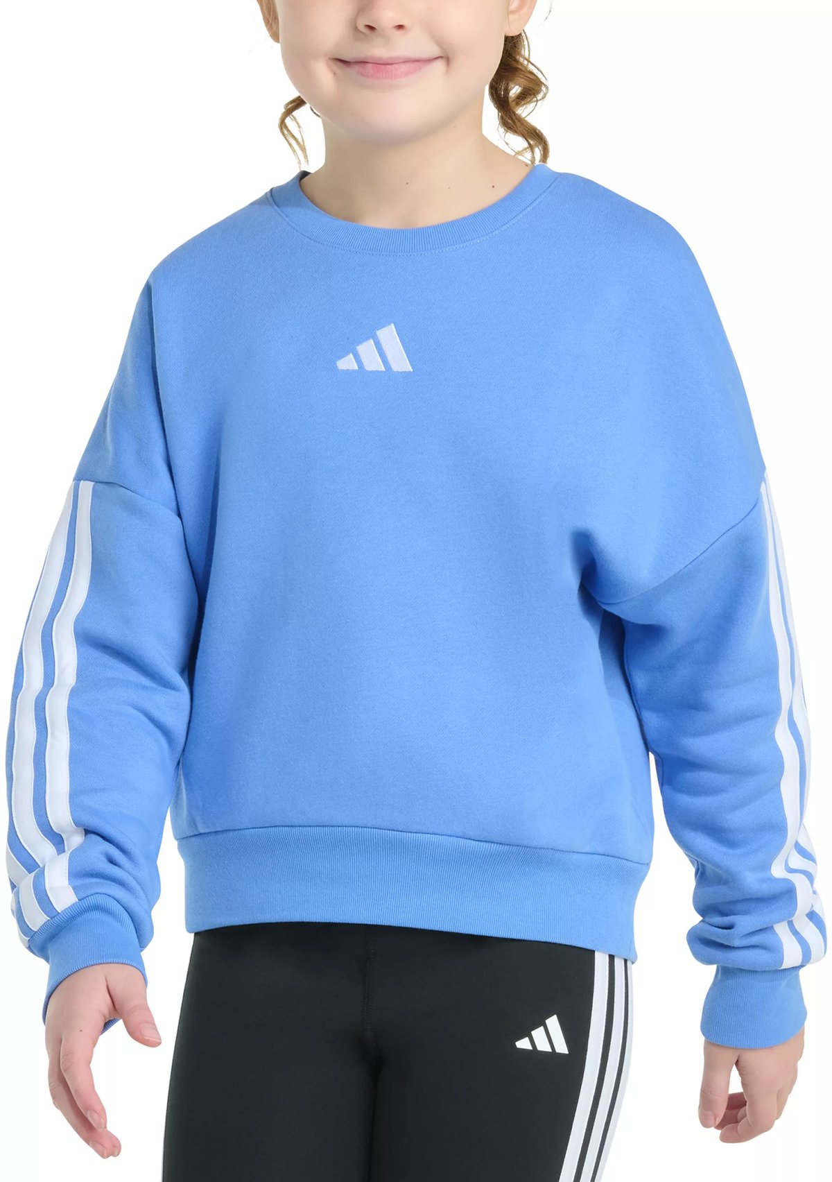 adidas Girls 7-16 Long Sleeve 3-Stripes Crewneck Fleece Pullover Sweatshirt