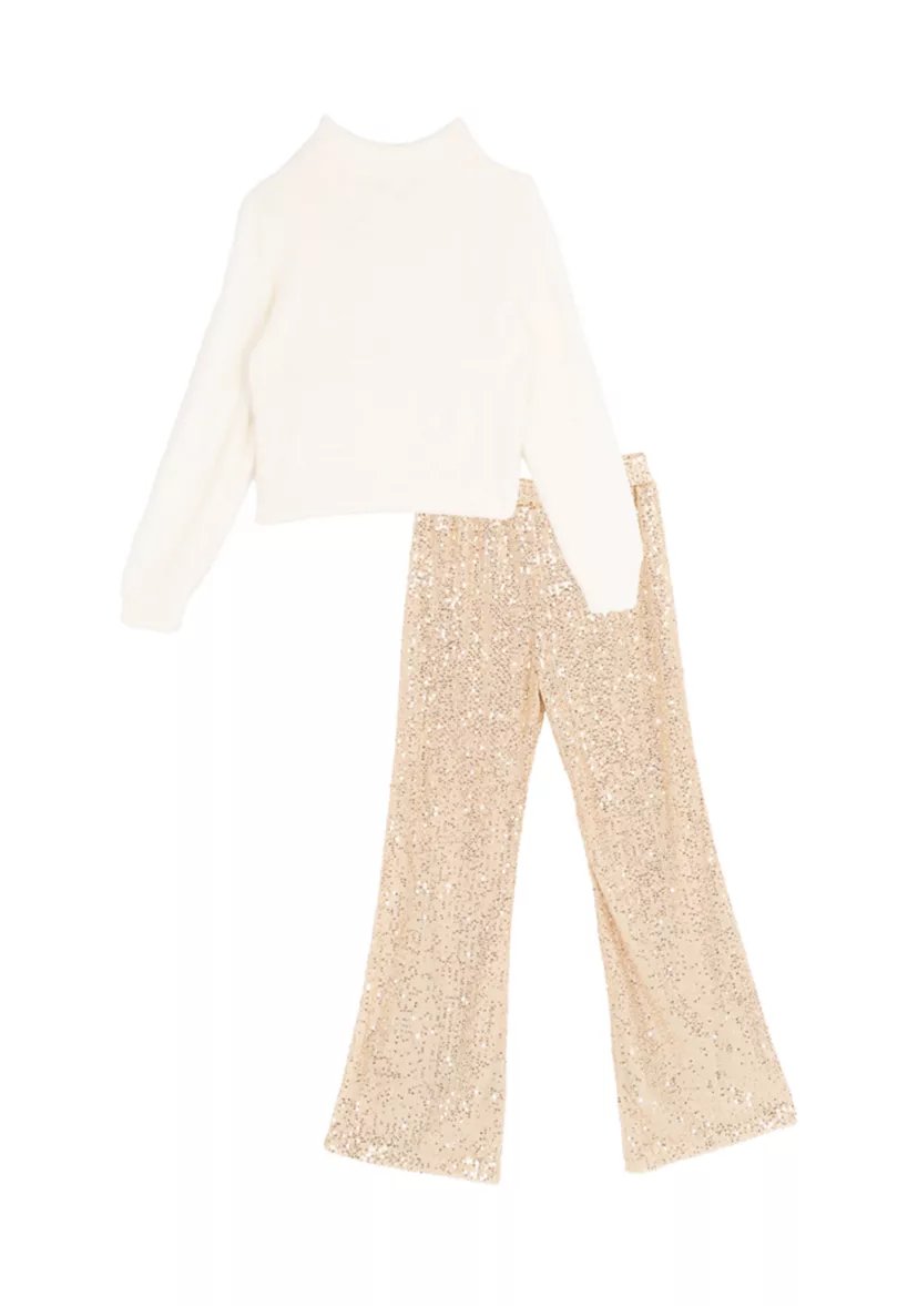 Girls 7-16 Sequin Sweater, Sequin Flare Legging and Headband Set