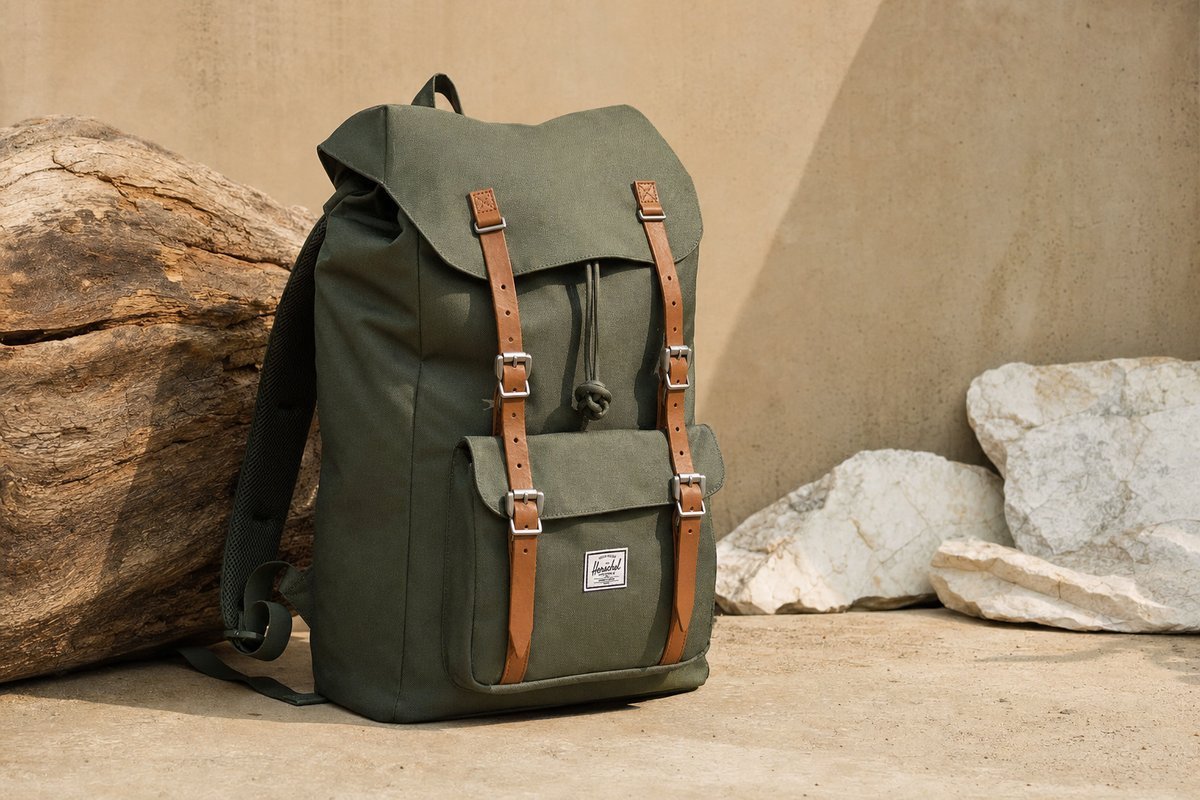 Herschel Little America backpack showing the distinctive drawstring closure and magnetic straps with vintage mountaineering styling