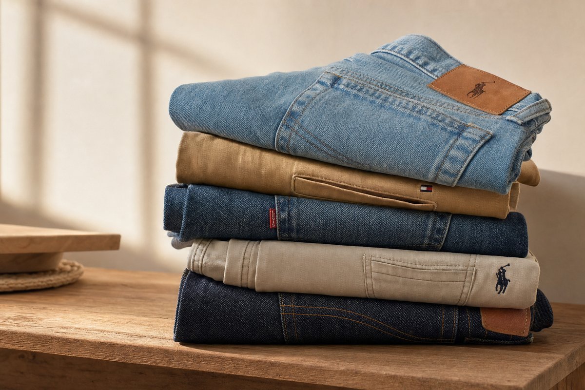 Boys' jeans and khaki chinos stacked together showing different washes and styles