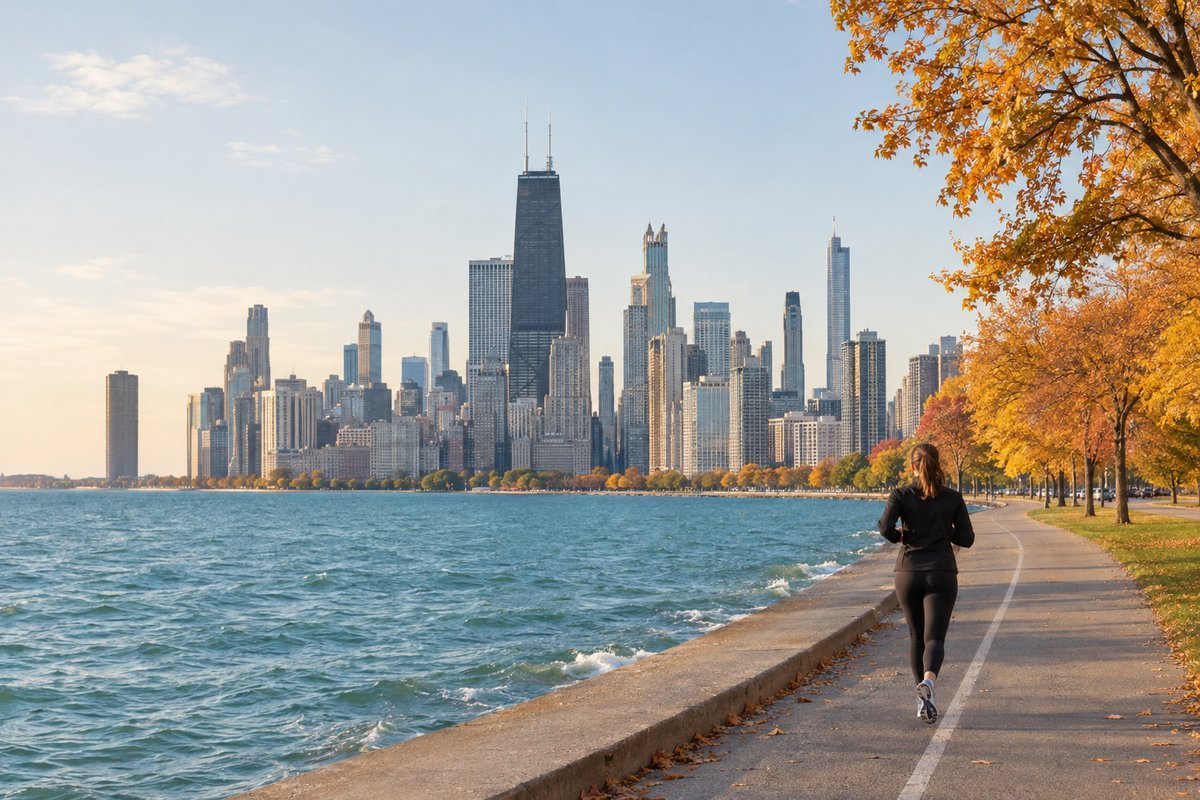Chicago skyline view from the Lakefront Trail with fall trees and Lake Michigan in the foreground