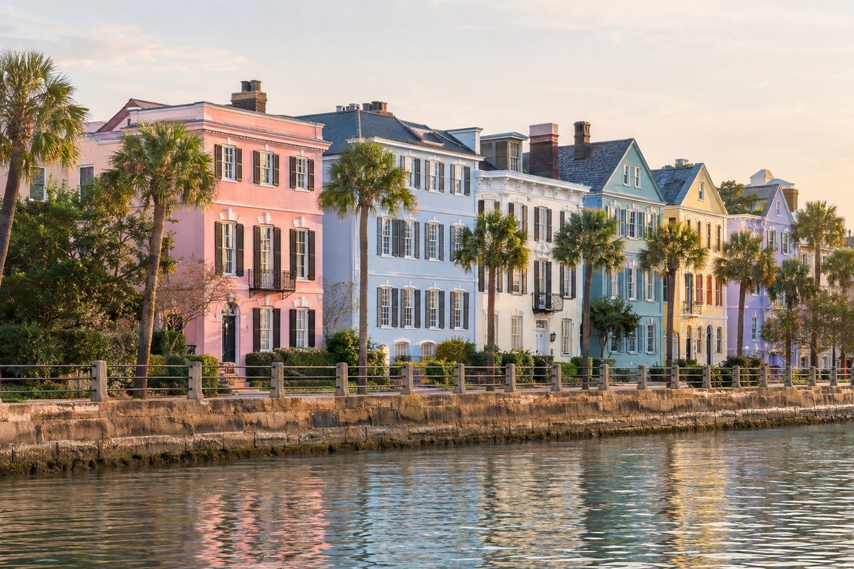 Charleston Rainbow Row showing the famous pastel-colored historic houses along the waterfront