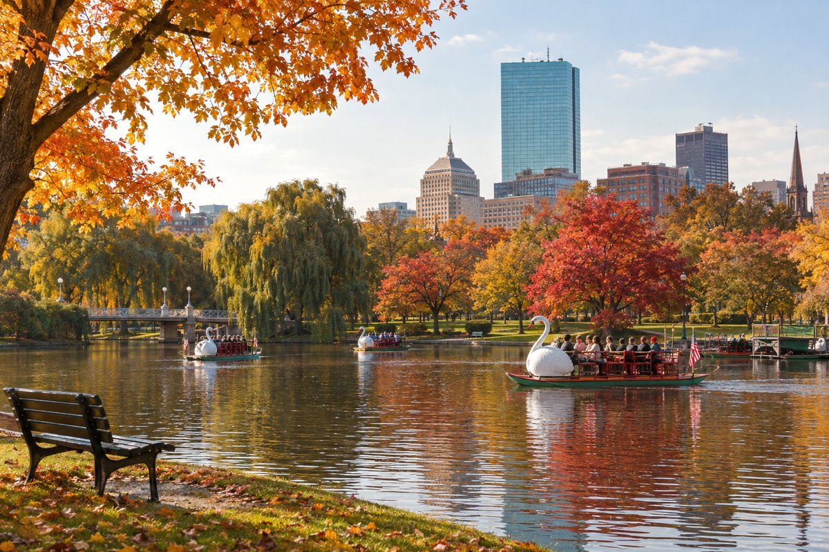 Boston Public Garden in autumn with golden and red fall foliage, pond with swan boats, and city skyline in background