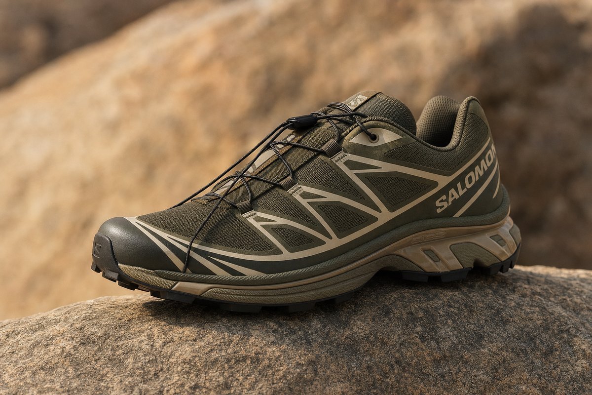 Salomon XT-6 trail sneakers in moss green or earth tone colorway, showing the technical outdoor-inspired design elements