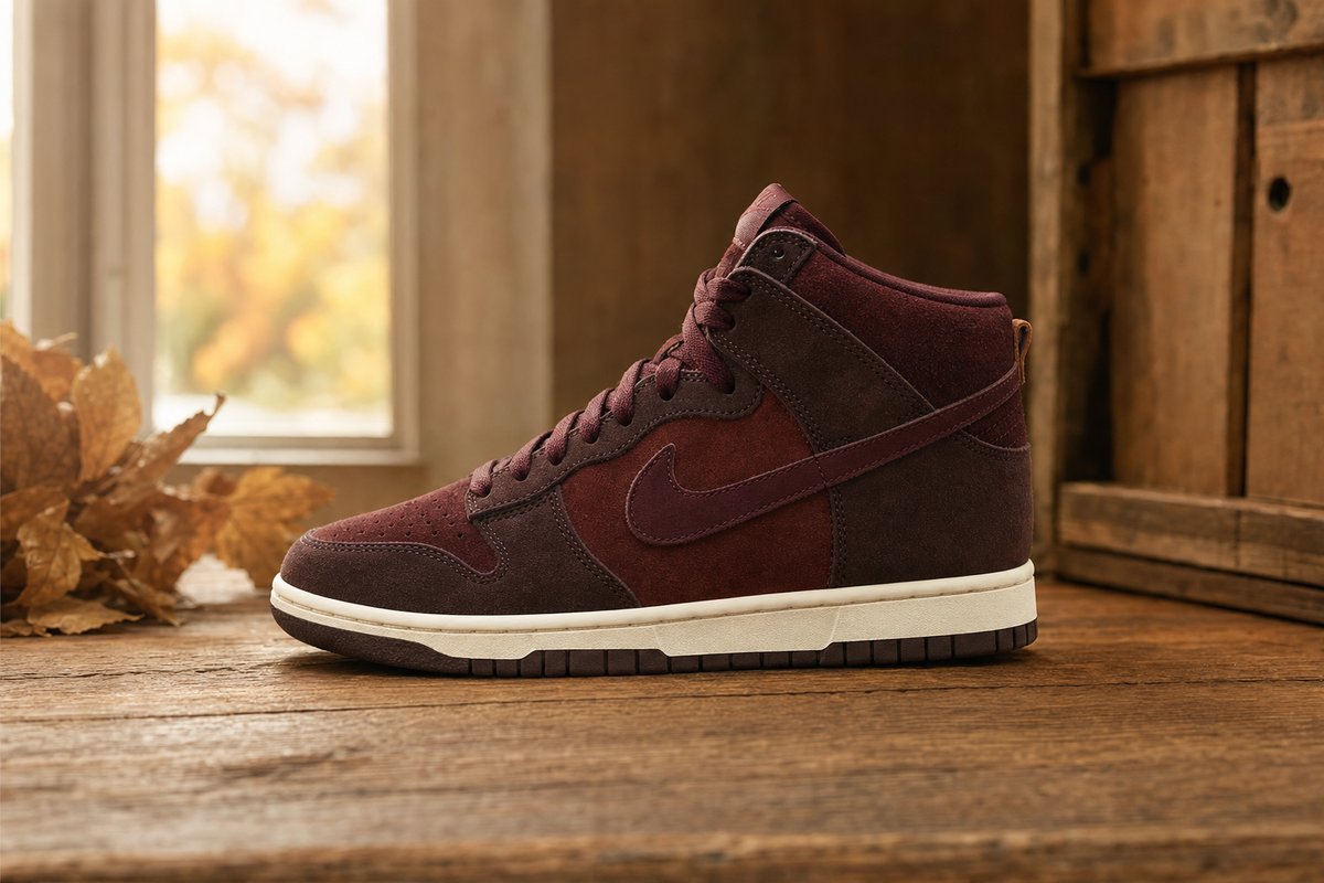 Nike Dunk High in premium suede material in brown or burgundy colorway, positioned on wooden surface showing fall aesthetic
