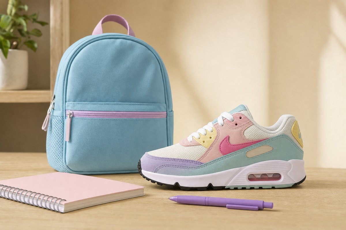 Nike Air Max sneakers in kid-friendly colorway displayed with school supplies like backpack and notebooks