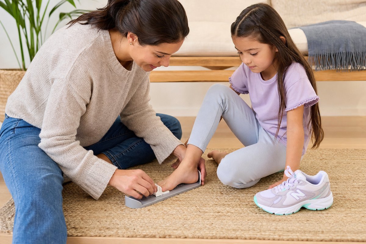 Parent measuring child's foot for proper sneaker sizing with measuring device and shoes nearby