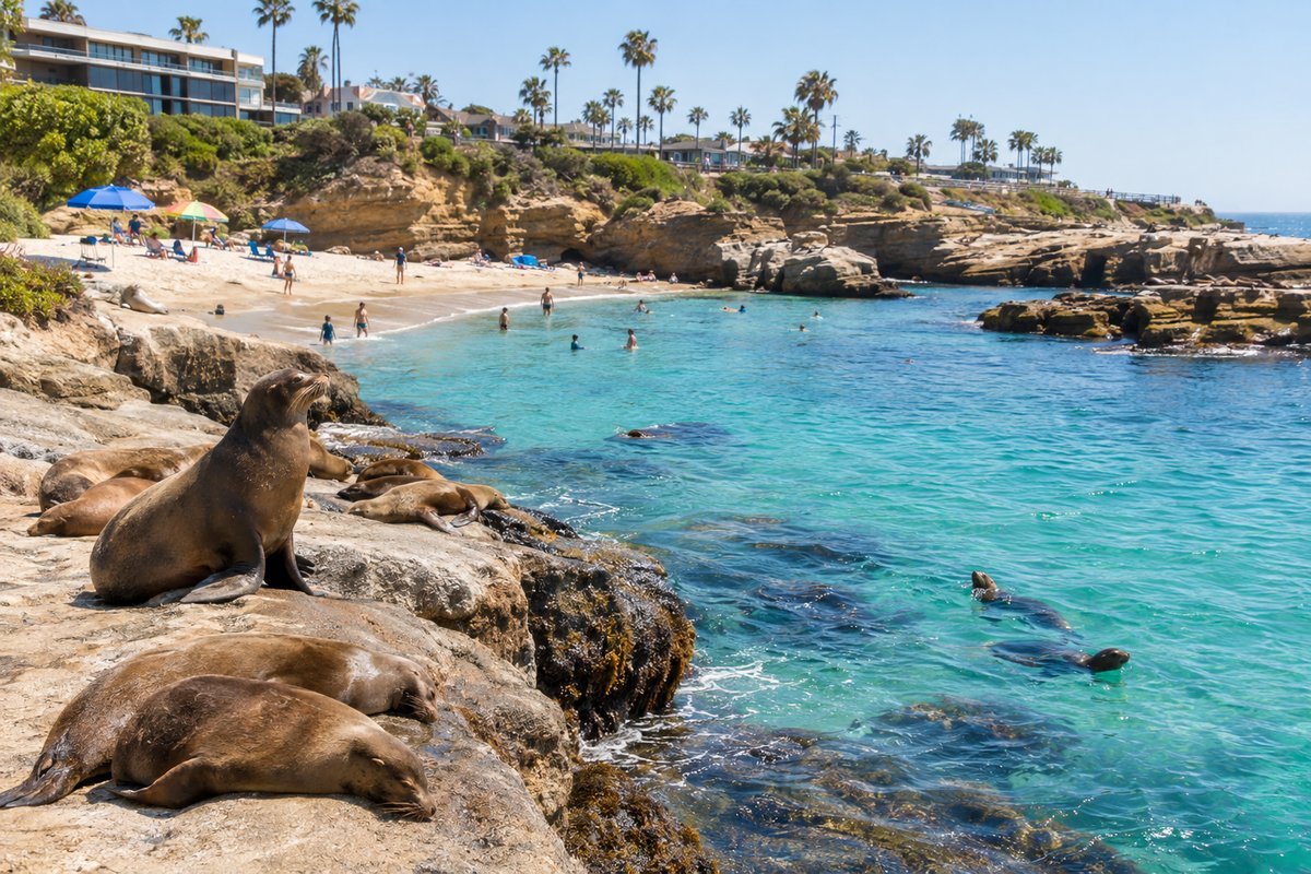 San Diego La Jolla Cove showing turquoise water, rocky cliffs, sea lions, and beach umbrellas